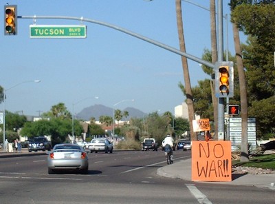 Big Orange 'No War' sign